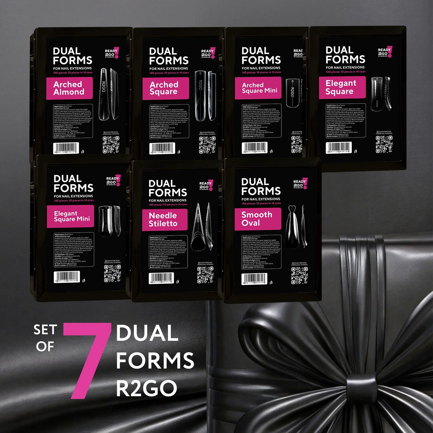 Set of 7 Dual Forms R2GO (Arched Almond, Arched Square, Arched Square Mini, Elegant Square, Elegant Square Mini, Needle Stiletto, Smooth Oval)